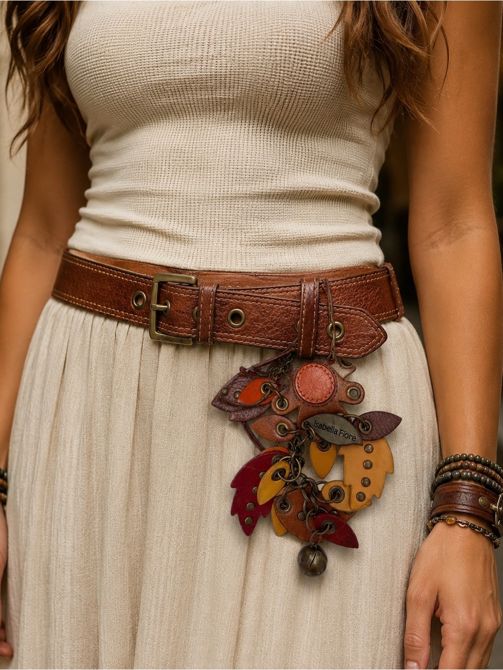 Isabella Fiore Brown Leather Belt w/ Multicolor Leaf Charm Detail 34”
